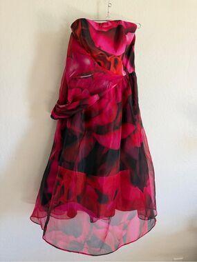 Tracy Reese Magenta Rose Print Strapless High-Low Organza Dress XS